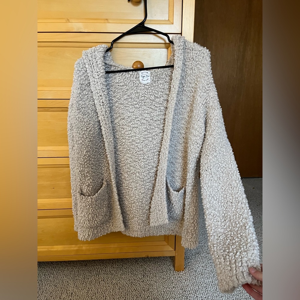 Tan (S) sherpa cardigan w/ hood & pockets